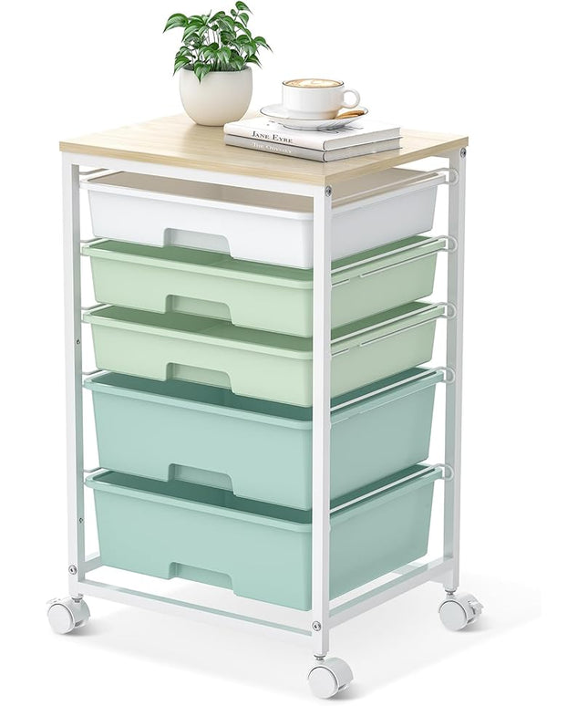 Craft cart,Rolling Cart with Drawers,Storage Cart with 5 Drawers and Wooden Tabletop for Under Desk Organizers and Storage,Green