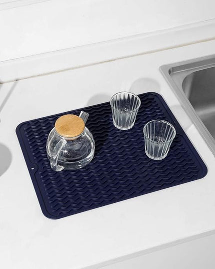 Silicone Dish Drying Mat for Multiple Usage,Easy clean,Eco-friendly,Heat-resistant Silicone Mat for Kitchen Counter or Sink,Refrigerator or drawer liner Navy Blue L 16 inches x 12 inches