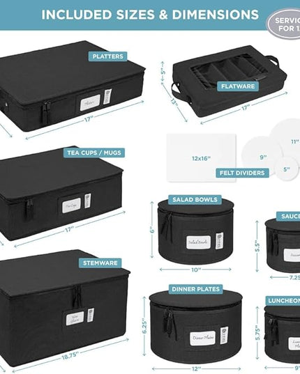 Hard Shell China Storage Containers 8-Piece Set Moving Boxes for Dinnerware, Glasses, Plates, Mugs and Saucers Sturdy Dish Organizer with Dividers for Seasonal Storage - Service for 12 - Black