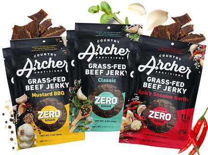 Country Archer Grass-Fed Beef Jerky Variety Pack - Beef Jerky Snack Packs, Beef Jerky Assortment, Jerky Sampler with Classic, Mustard BBQ and Spicy Sesame Garlic - 2 oz (Pack of 6)