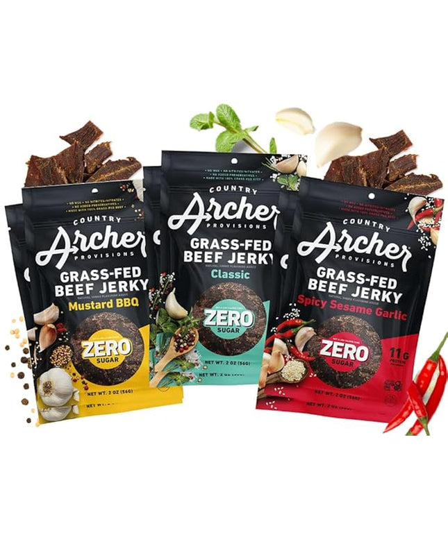 Country Archer Grass-Fed Beef Jerky Variety Pack - Beef Jerky Snack Packs, Beef Jerky Assortment, Jerky Sampler with Classic, Mustard BBQ and Spicy Sesame Garlic - 2 oz (Pack of 6)