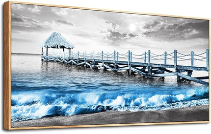 Wapluam Large Framed Canvas Wall Art For Living Room, Office, Bedroom - Black And White Beach, Blue Ocean Sea Wave Wall Pictures - 30" x 60"