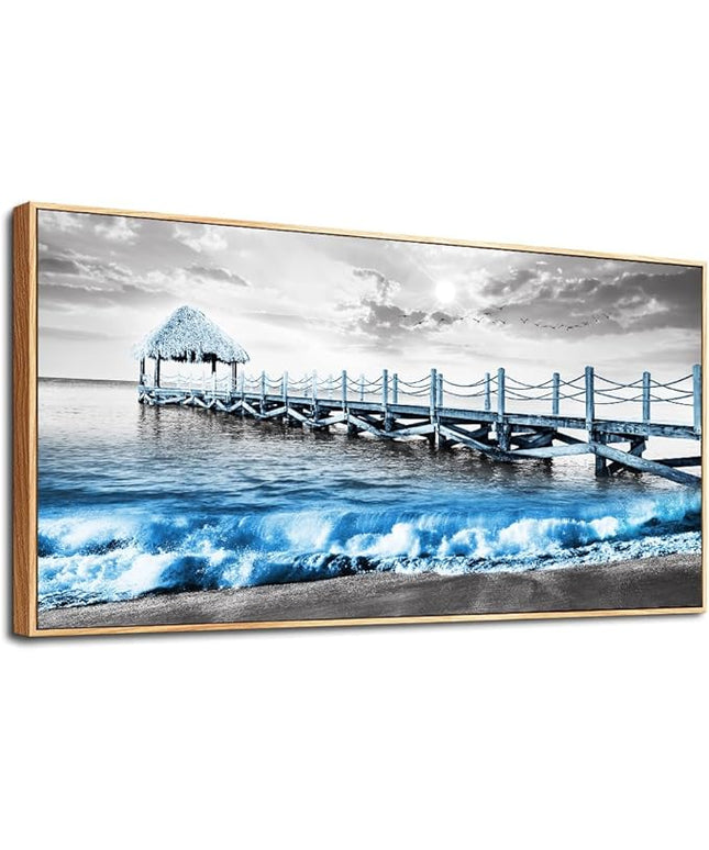 Wapluam Black and White Beach Wall Painting - Large Canvas Art for Living Room, Office, Bedroom - Wood Framed Blue Ocean Sea Wave Pictures Artwork Home Decor