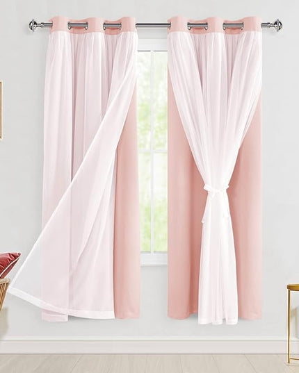 Hiasan Pink Blackout Curtains with Sheer Overlay Thermal Insulated Mix & Match Double Layer Room Darkening Window Curtains for Bedroom Living Room Nursery 2 Panels with Tiebacks(42W X 63L,Blush Pink)