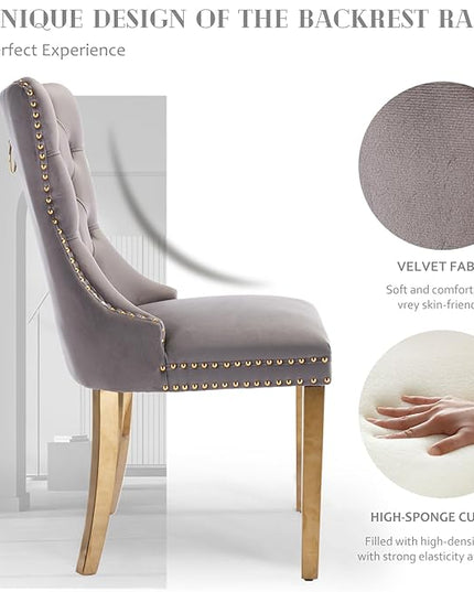 SoarFlash Velvet Dining Chair Set of 6, Upholstered Tufted Dining Room Chair with Nailhead Trim, Solid Gold Plated Leg for Kitchen(Grey)