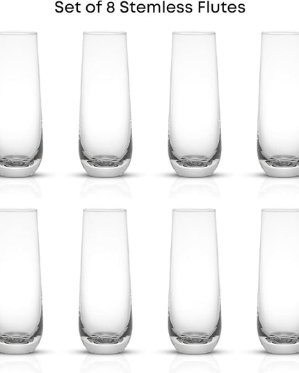 JoyJolt Milo Stemless Champagne Flutes Set of 8 Crystal Glasses. 9.5oz Prosecco Wine Flute, Mimosa Glasses, Cocktail Glass Set, Water Highball Glass, Bar Glassware