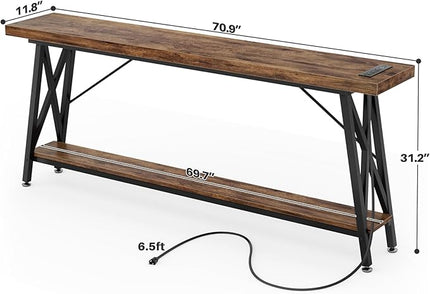 Homieasy 70.9 Inch Extra Long Console Table, Industrial Sofa Table Behind Couch with Charging Station & Storage Shelf, Entryway Table for Living Room & Entryway, Rustic Brown