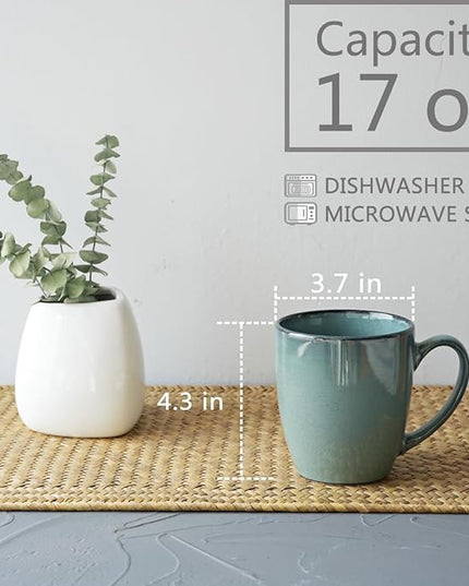 Bosmarlin Ceramic Coffee Mug Set of 4, 17 Oz, Coffee Cups with Big Handle, Microwave Safe, Unique Reactive Glaze (Lake Green, 17 Oz)