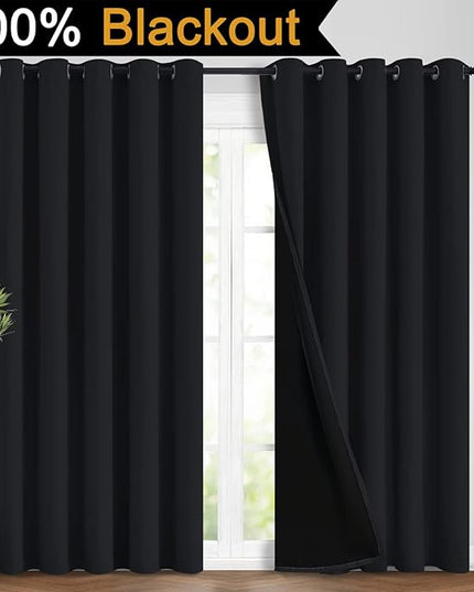 Yakamok 100% Blackout Curtains for Bedroom, 2 Thick Layers Thermal Insulated Grommet Total Blackout Drapes with Black Liner for Living Room (62Wx96L,Black, 2 Panels)