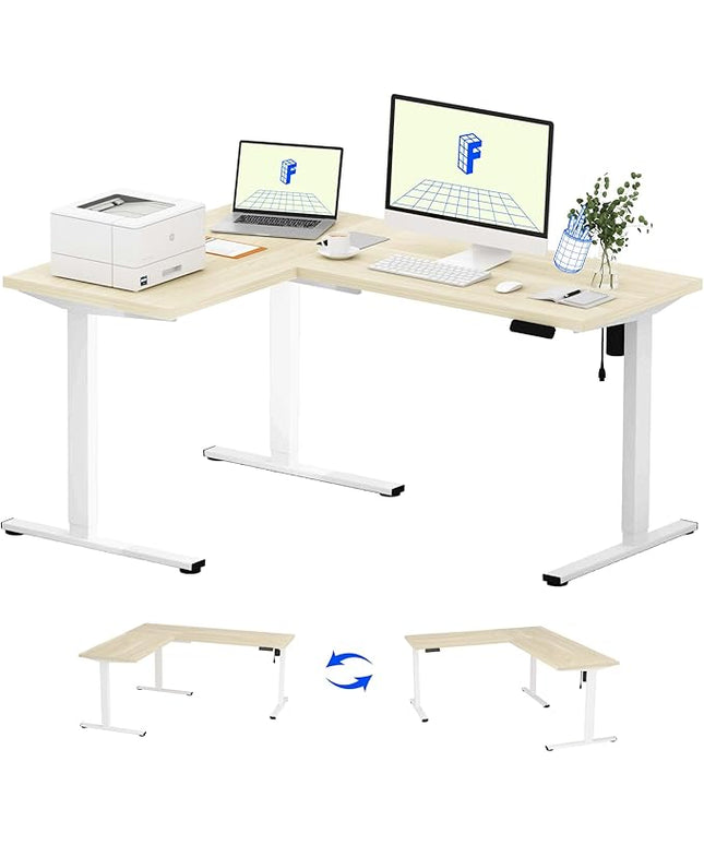 FLEXISPOT L Shaped Standing Desk, 63 x 47 Inch Electric Height Adjustable Corner Desk, Sit Stand Computer Workstation, Preset Controller, Home Office, White Frame with Maple Top