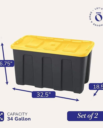 HOMZ 2-Pack Durabilt Tote, Heavy Duty Plastic Storage Bins with Lids, 34 Gallon, Black/Yellow - Stackable Organizing Containers for Home, Garage, and Office