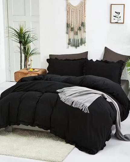 CLOTHKNOW Black Ruffles Twin/Twin XL Comforter Set 3Pcs Farmhouse Bedding Comforter Sets Shabby Chic Boho Comforter with 2 x Pillow Cases