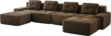 Hommoo 153" Oversized Sectional Sofa, Modular U Shaped Couch with Ottoman, Comfy Corduroy Couches with Deep Seat, 6 Seat Convertible Boneless Sofa for Living Room No Assembly Required Brown