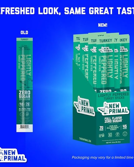 New Primal Lightly Peppered Turkey Sticks, Keto, Gluten Free Healthy Snacks, Sugar Free Low Carb High Protein, Jerky Meat Stick, 7g Protein, 20 Ct
