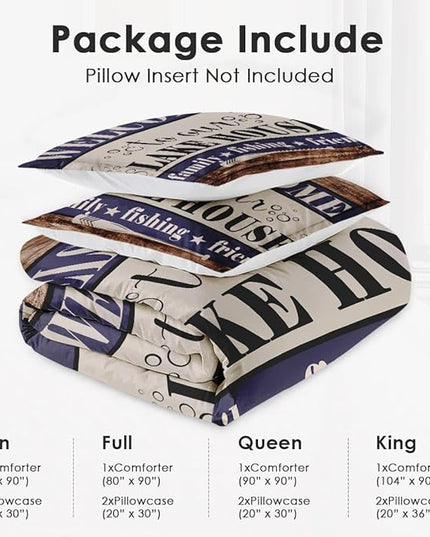 Full Size Comforter Set with 2 Pillowcases, Welcome Woodboard Cabin 3 Pcs Bedding for Kids and Adults, Lake Family Fishing Soft Comforter Set for Bedroom Bed Decor