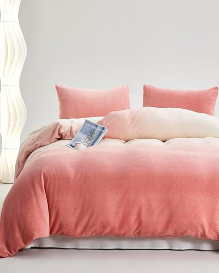 Luxlovery Pink Gradient Velvet Comforter Full Fluffy Plush Flannel Bedding Set Full Women Girls Pink White Ink Rainbow Color Blanket Quilts Warm Comforter Set