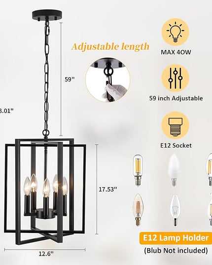 Black Modern Farmhouse Chandelier for Dining Room, 5-Light Pendant Lights Fixtures for Kitchen Island, Foyer Lighting Fixtures High Ceiling for Entryway Hallway Living Room Bedroom