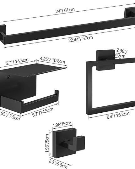 20-Pieces Matte Black Bathroom Hardware Set, 24 Inch Bath Towel Bar Set, Stainless Steel Towel Racks for Bathroom Wall Mounted