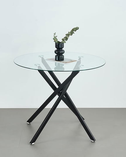 36" Round Glass Dining Table Modern Kitchen Glass Top Table for 4 with Black Metal Legs, Clear Dining Table Kitchen Table for Home Office Dining Room