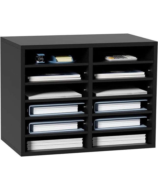 VEVOR Literature Organizers, 12 Compartments Office Mailbox with Adjustable Shelves，Wood Literature sorter 20.4x12x16.1 inches for Office, Home, Classroom, Mailrooms Organization, EPA Certified Black