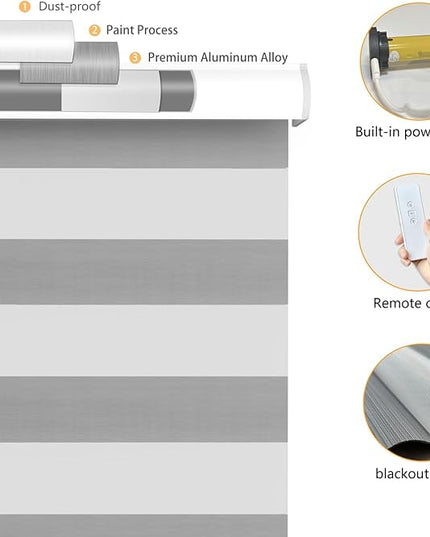 Motorized Zebra Blinds with Remote Blackout Cordless Zebra Shade Smart Home Electric Curtains for Windows and Privacy Light Filtering Roller Shades, Easy to Install, 27" W x 72" H, Grey