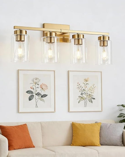 4-Light Bathroom Light Fixtures, Gold Modern Vanity Lights Over Mirror, Bathroom Wall Sconces with Clear Glass Shade for Living Room Bedroom Hallway Cabinet Porch