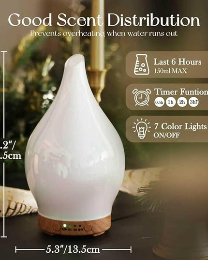 Porseme 150ml Essential Oil Diffuser Glass Color Changing Aroma Air Diffusers Aromatherapy Ultrasonic Cool Mist Humidifier 6 Running Hours Waterless Auto-Off for Sleeping Yoga Office Spa (White Jade)