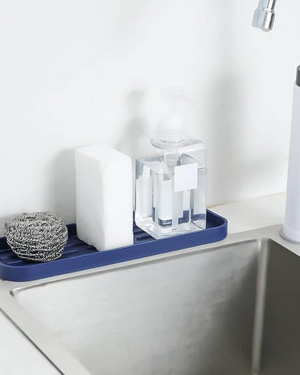 Silicone Kitchen Sink Organizer Tray for Multiple Usage,Eco-Friendly Sponges Holder for Kitchen Bathroom Counter or Sink,Dish Soap Dispenser,Scrubber,Bottle,Cup (Navy Blue, 12"×4")
