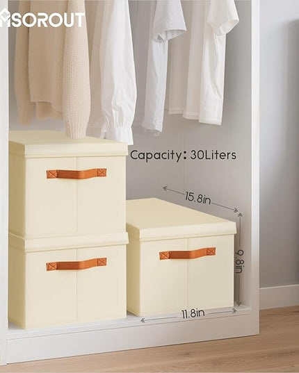 Storage Bins with Lids - Large Fabric Closet Bins with Lid, 5 Pack Clothes Organizers and Storage, Collapsible Stackable Cube Basket for Home, Office, Dorm, Beige