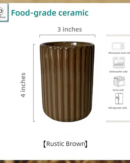 Stoneware Coffee Bar Utensil Holder Tea & Coffee Spoon & Stirrer Holder for Stir Stick Straw Teaspoon Holder Spoon Cup Small Utensil Jar Fluted Vertical Stripe (Rustic Brown)