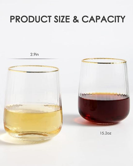 Lysenn Stemless Wine Glasses Set of 4 - Premium Hand Blown Drinking Glasses for White and Red Wine - Elegant Vertical Stripe and Gold Rim Design - Clear 15oz