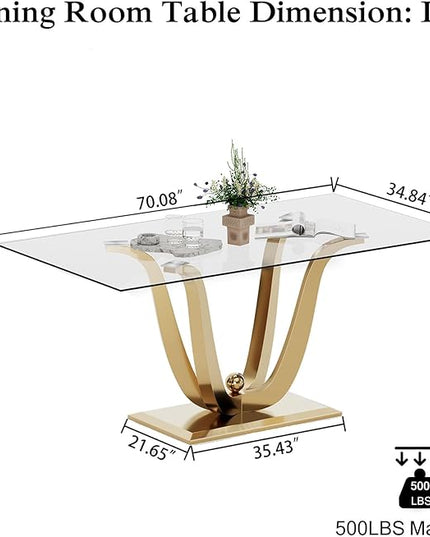 70'' Glass Dining Table for 4-8 People, Tempered Glass Top and Gold U Stainless Steel Base, Large Dining Room Desk for 6, Modern Glass Gold Kitchen Table for 6