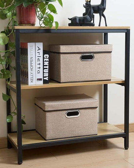 PRANDOM Collapsible Storage Containers with Lids [5-Pack] Jute Fabric Foldable Storage Bins Boxes Organizer Baskets Cube with Cover for Home Bedroom Closet Office Nursery (14.9x9.8x9.8)