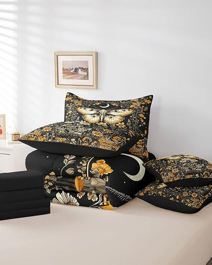 Feelyou 7 Piece Boho Death Moth Bed in a Bag Queen for Boys Kids Butterfly Moth Sheet Set,Flower Mushroom Rustic for Girls Women Moon Sun Bedding Set with Comforter Boho Style Cushion Covers