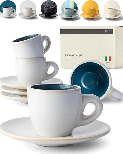 KIVY 3 oz Espresso cups set of 4 - Thick walled stoneware espresso cup set - Italian style espresso cups and saucers - Expresso shots cup - Small coffee mugs and saucers - Blue