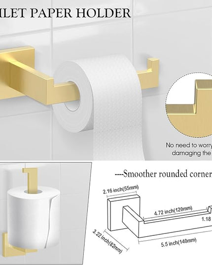 BOZWELL 5 Piece Light Brushed Gold Stainless Steel Towel Bar Set, 23.6 inch Square Bathroom Hardware Accessories Set,Wall Mounted Towel Racks for Bathroom with TP