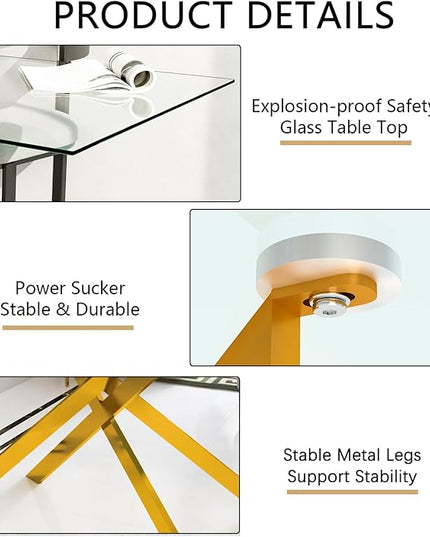51" Rectangular Glass Dining Table Modern Kitchen Glass Top Table for 4 with Gold Metal Legs, Clear Dining Table Kitchen Table for Home Office Dining Room