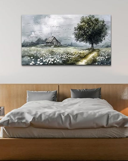 ERQINHUA Gray Canvas Wall Art For Living Room Farmhouse Wall Decor For Bedroom Office Decorations Field scenery Paintings Tree Landscape Wall Pictures Artwork Ready to Hang for Home Decor 20"X40"