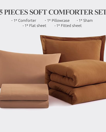 WRENSONGE Twin Comforter Set- 5 Pieces Terracotta Bed in a Bag, All Season Twin XL Bedding Sets with 1 Fitted Sheet, 1 Flat Sheet, 1 Pillow Sham and 1 Pillowcase