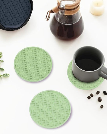 Green Silicone Coasters Set of 6 with Holder, 4 Inch Round Non-Slip Heat Resistant Waterproof Coaster, Decorative Cup Mats for Coffee Table, Home, Kitchen, Office, Bar