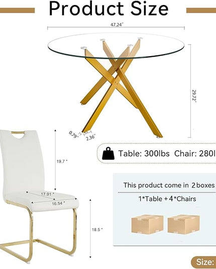5 Piece Round Dining Table Set for 4, Modern Glass Kitchen Dining Room Table Set for 4, 47" Circle Gold Glass Metal Dining Table with 4 White PU Leather Dining Chairs for Kitchen Dining Room