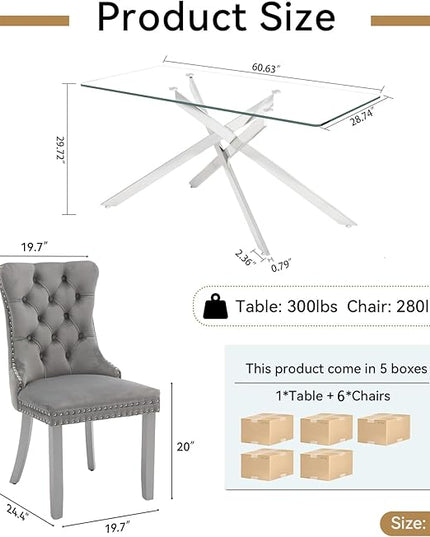 Modern 7-Piece Glass Dining Table Set for 6, Modern 60" Rectangle Silver Glass Dining Room Table Set with Light Grey Velvet Tufted Chairs Wood Legs for Kitchen Dining Room