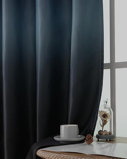 Estelar Textiler Ombre Blackout Curtains 102 Inch Length for Living Room, Noise Reducing Room Darkening Thermal Insulated Grommet Drapes for Bedroom, Black and Navy Blue, 52Wx102L Inch (2 Panels)