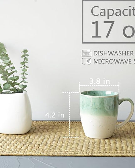Bosmarlin Ceramic Coffee Mug Set of 4, 17 Oz, 4 Colors to Choose, Tea Cups, Dishwasher and Microwave Safe, Reactive Glaze (Green)