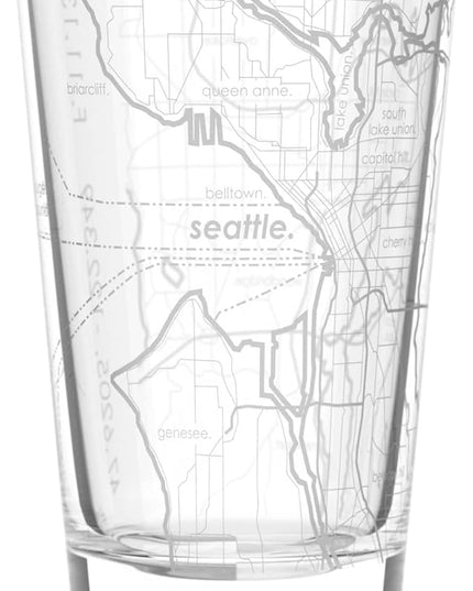 Well Told Engraved Seattle Washington Map Pint Glass, Etched Beer Gift (16 oz, Clear) City Map Pint, Custom City Glassware, Gifts For Beer Lovers