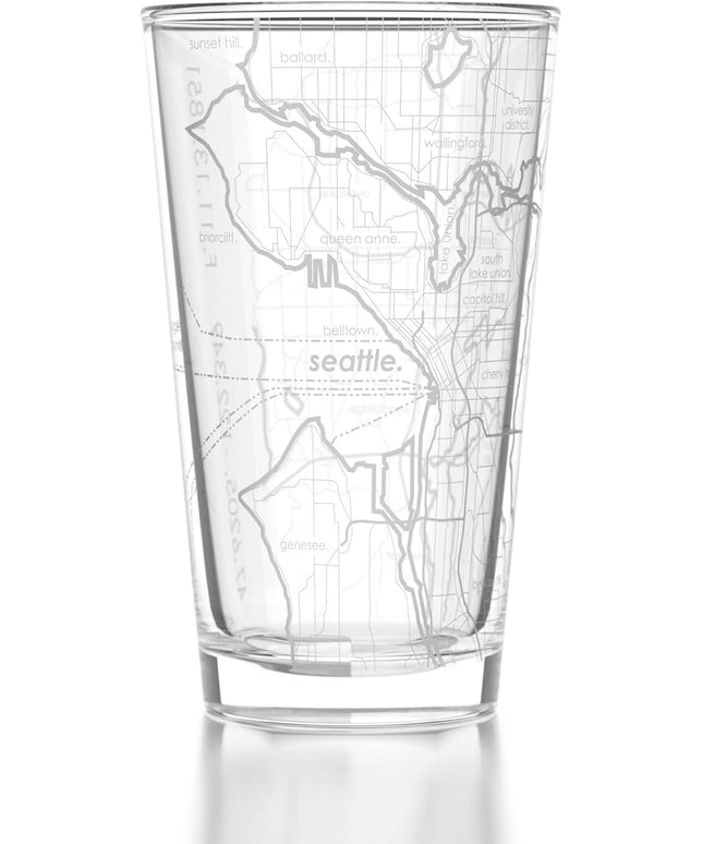 Well Told Engraved Seattle Washington Map Pint Glass, Etched Beer Gift (16 oz, Clear) City Map Pint, Custom City Glassware, Gifts For Beer Lovers