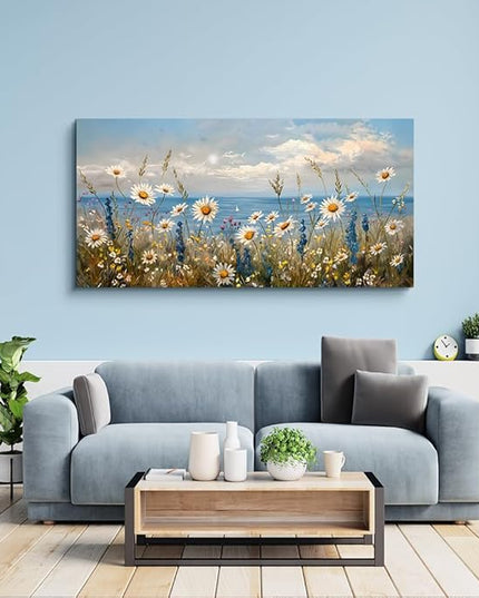 Wapluam Large Canvas Wall Art for Living Room Blue Ocean Wall Decor For Bedroom Bathroom Decoration Natural Seascape Painting Modern Office Wildflowers Artwork Pictures Home Decor Ready To Hang