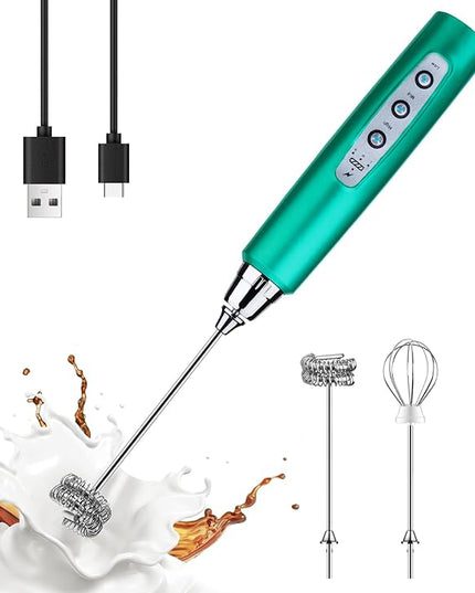 YUSWKO Turquoise Handheld Milk Frother Wand for Coffee, Rechargeable Electric Whisk with 3 Heads 3 Speeds Drink Mixer Coffee Frother For Latte, Cappuccino, Hot Chocolate, Egg