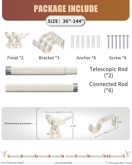 White Curtain Rod 36 to 144 Inches Curtain Rods for Windows Adjustable Heavy Duty Drapery Rod with Bird Finials for Kitchen Window Living Room