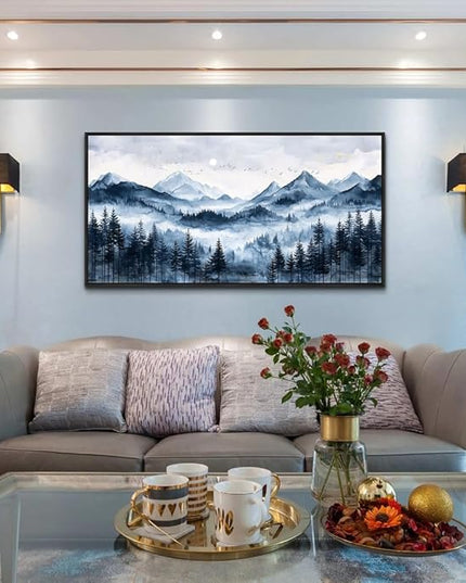 ERQINHUA Black Framed Canvas Wall Art For Bedroom Large Wall Decorations For Living Room Modern Office Mural Misty and Fog Forest Painting Mountain Landscape Pictures Artworks Home Decor 20x40 In